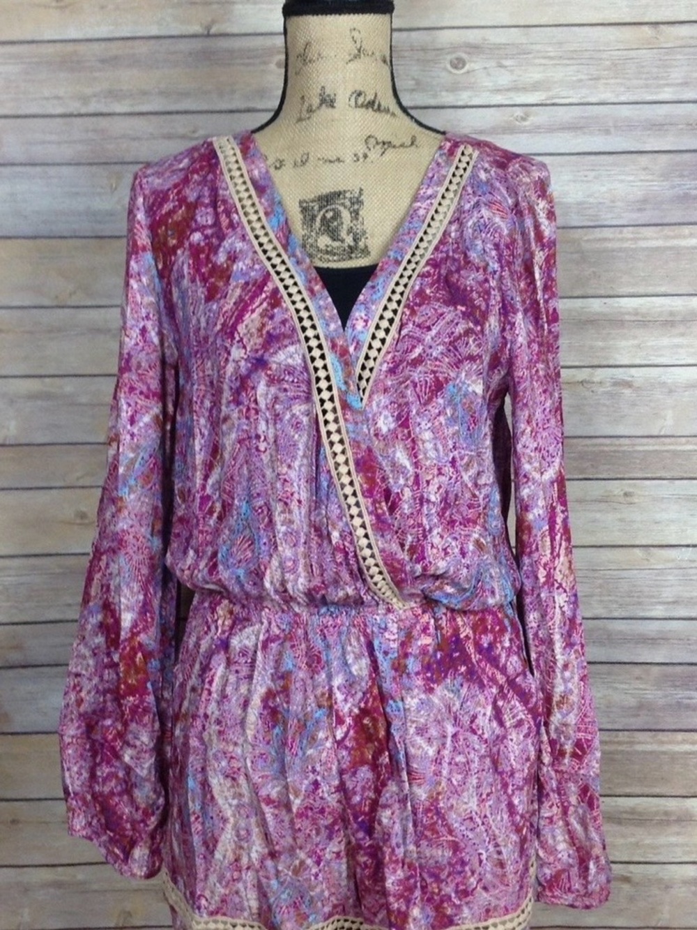 Jessica Simpson Narina Pink Purple Printed Long Sleeve Romper